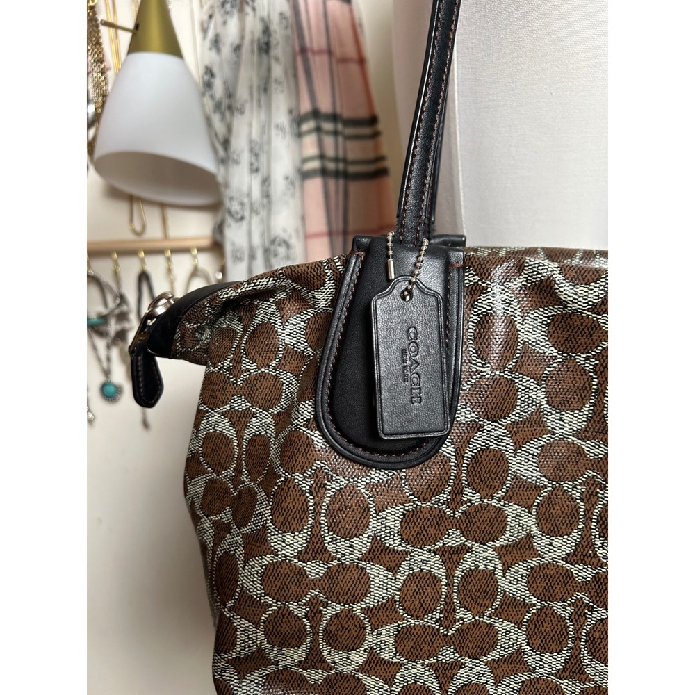 Coach Signature C Monogram Coated Canvas Taxi Tote Bag Brown Black - Picture 6 of 11
